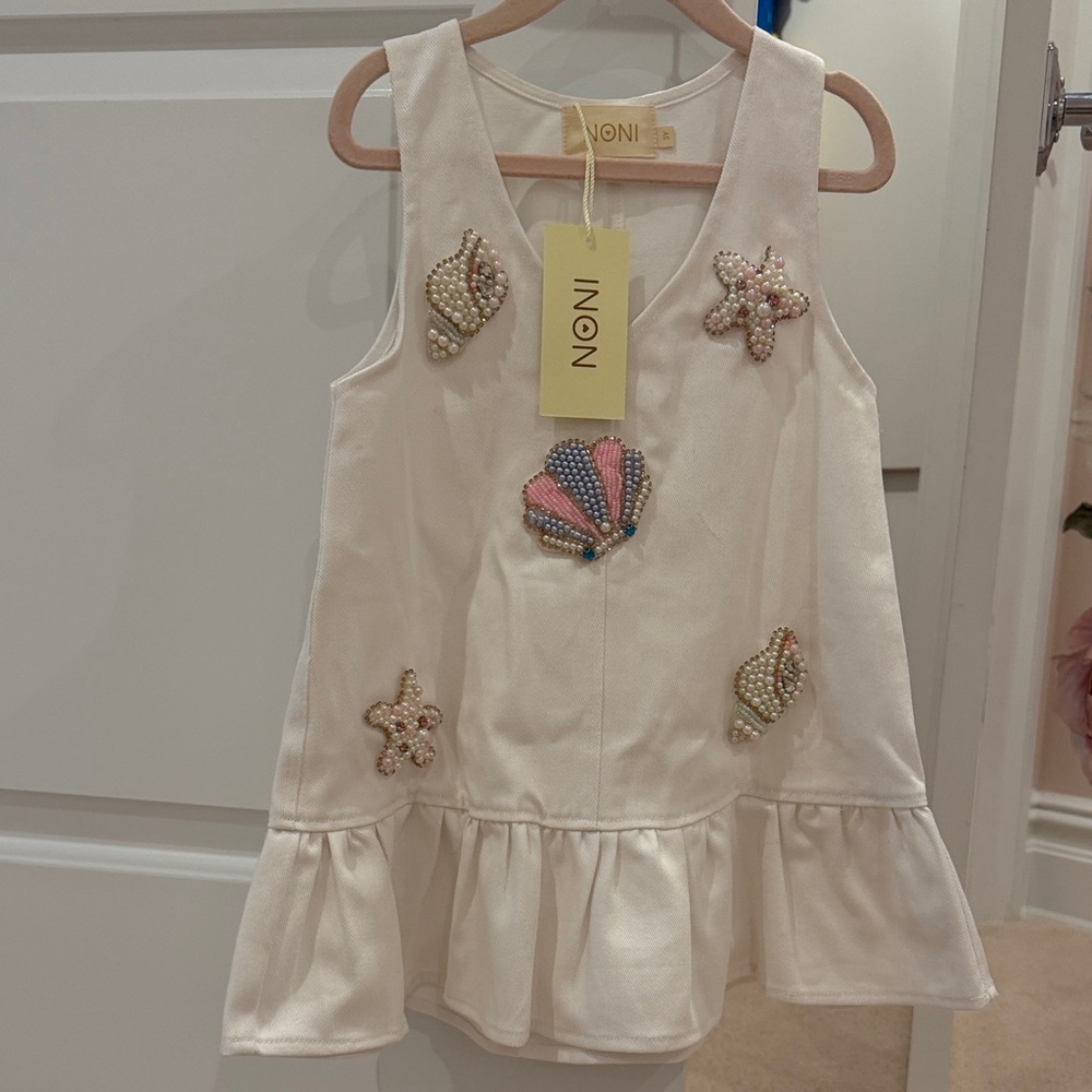 Kids Cream Embellished Shell Ruffle Dress